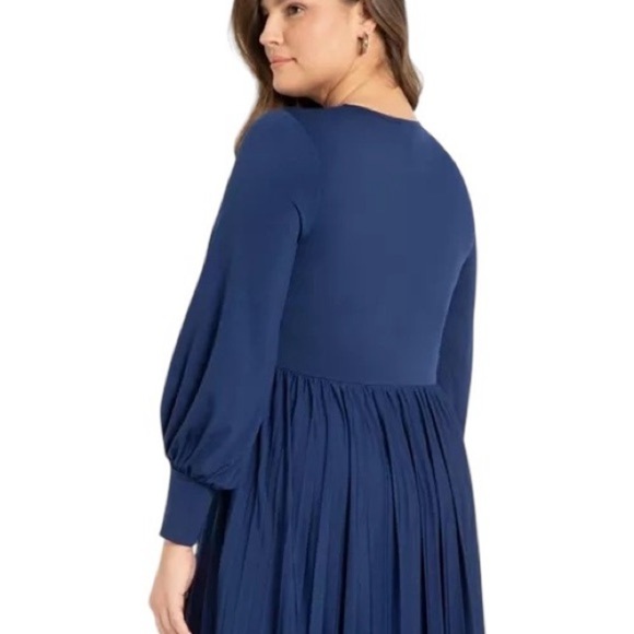 NWT ELOQUI Blue Slimming Midi Knot Front Pleated Skirt Long Sleeve Dress Size 24 - Picture 2 of 14